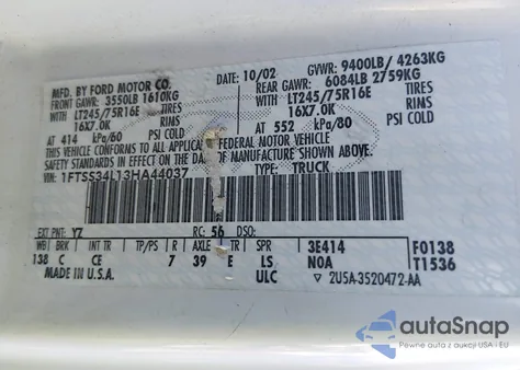 2003 Ford E-350 Super Duty Commercial/Recreational z USA, uszkodzony, nr VIN 1FTSS34L13HA44037